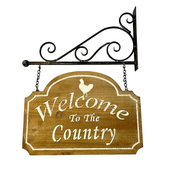 Double Sided Welcome To The Country Hanging Distressed Iron And Wood Sign 16” L - Picture 1 of 6